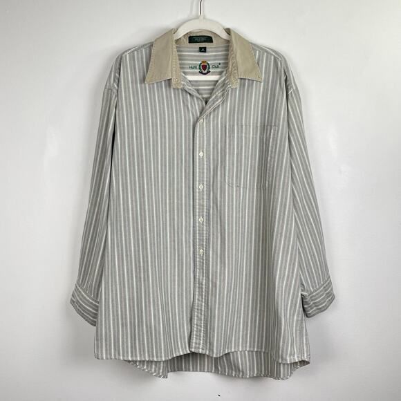Vintage 90s Mens Striped Button Up Shirt 17 Green Tan Contrast Collar Retro Prep - Picture 9 of 16